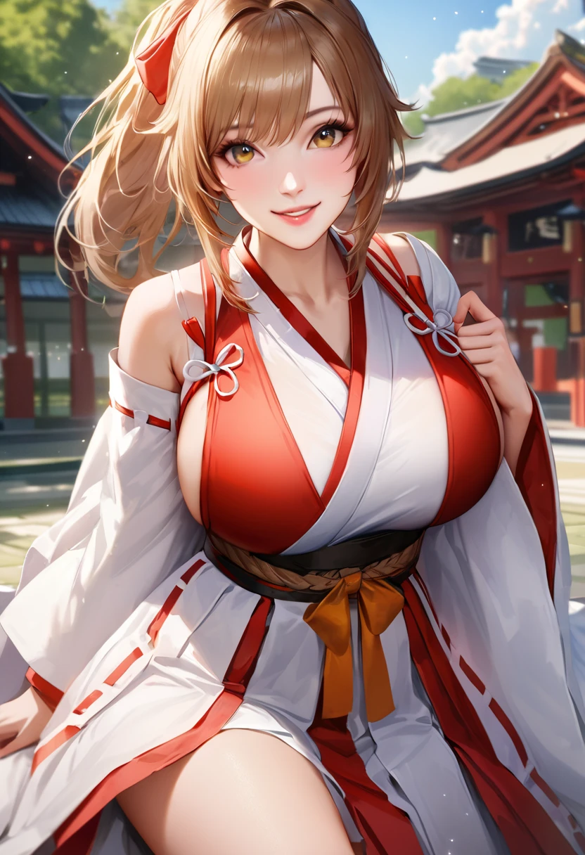highest quality, masterpiece, Very detailed CG, very detailed8K壁紙, Are standing, HDR ,1 girl, alone, outdoor, Japanese shrines, Miko, shrine maiden cowboy shot, alone, looking at the viewer, Miko outfit, short hair, blonde hair, straight hair, , intricate details, very detailed, beautiful fingers, beautiful nose, beautiful character design, perfect face, Face-to-face audience, huge breasts, slim waist, huge breasts, arm to the side, in the same way, maebari, Fair skin, purple eyes, grin, With confidence