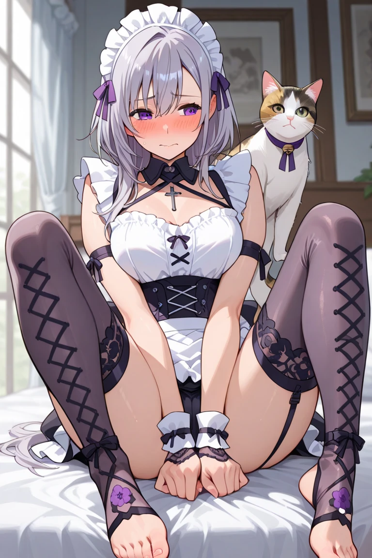 Emilia re:zero, purple eyes, Emilia, crown braid, x hair ornament, flower hair ornament, white hair, long hair, medium breasts, anime girl in bikini sitting on a car with a cat, attractive cat girl, anime catgirl, very beautiful anime cat girl, catgirl, beautiful anime catgirl, cat girl, neferpitou, cute anime catgirl, seductive anime girl, anime cat, anime girl with cat ears, beautiful young catgirl, marisa kirisame, white cat girl
