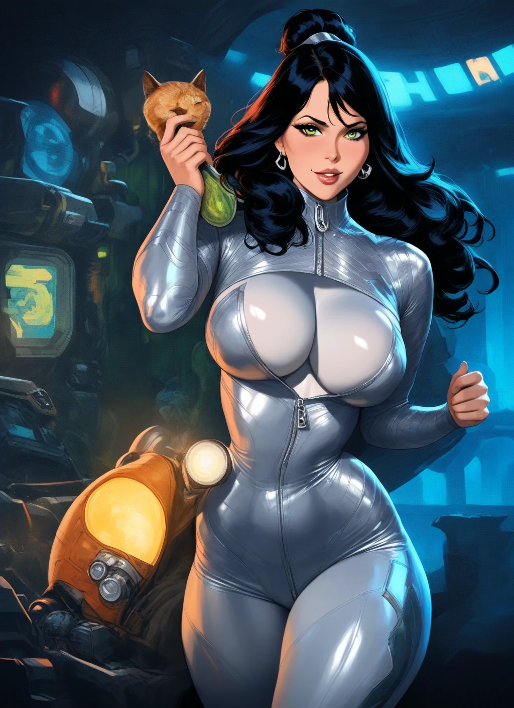 Unmatched masterpiece, ultra realista 8k CG, perfect work of art, (1girl: 1.1), 独奏, ((perfect female figure)), full body character looking at viewer, there is a desert with hurricanes in the background, mature woman, Bimbo (a brunette woman with black hair , long  hair, (burlas), best qualityer:1.1, dynamic heroic pose from the front, She has a metal baton that she uses to fight crime., pose sexy, seductiv, (pretty), (curvilinear), (big), Bblack hair, (greeneyes :1.2), uniforme vermelho alaranJado, black gloves and boots,  in style of marvel comics, J. Scott Campbell, invisible woman, J. Scott Campbell, comic book character, comic book art, comics style art, turned legs, fit, (bountiful breasts:1.3, (big_breasts: 1.1), Broad Hips: 1.5, narrow waisted, Waist slender: 1.5, slenderbody: 1.2, coxas bigs: 1.he&#39;s brilliant: 1.2), (hdr), (Street: 1.2), film Nikon D850 photography Kodak Portra Lens f1.400 camera 6, rich colors, realistic texture, lighting dramatic, unreal mechanism, trending on ArtStation, of Gerald Brom, de Frank Frazetta, by Luis Royo, the Julie Bell, de Boris ValleJo