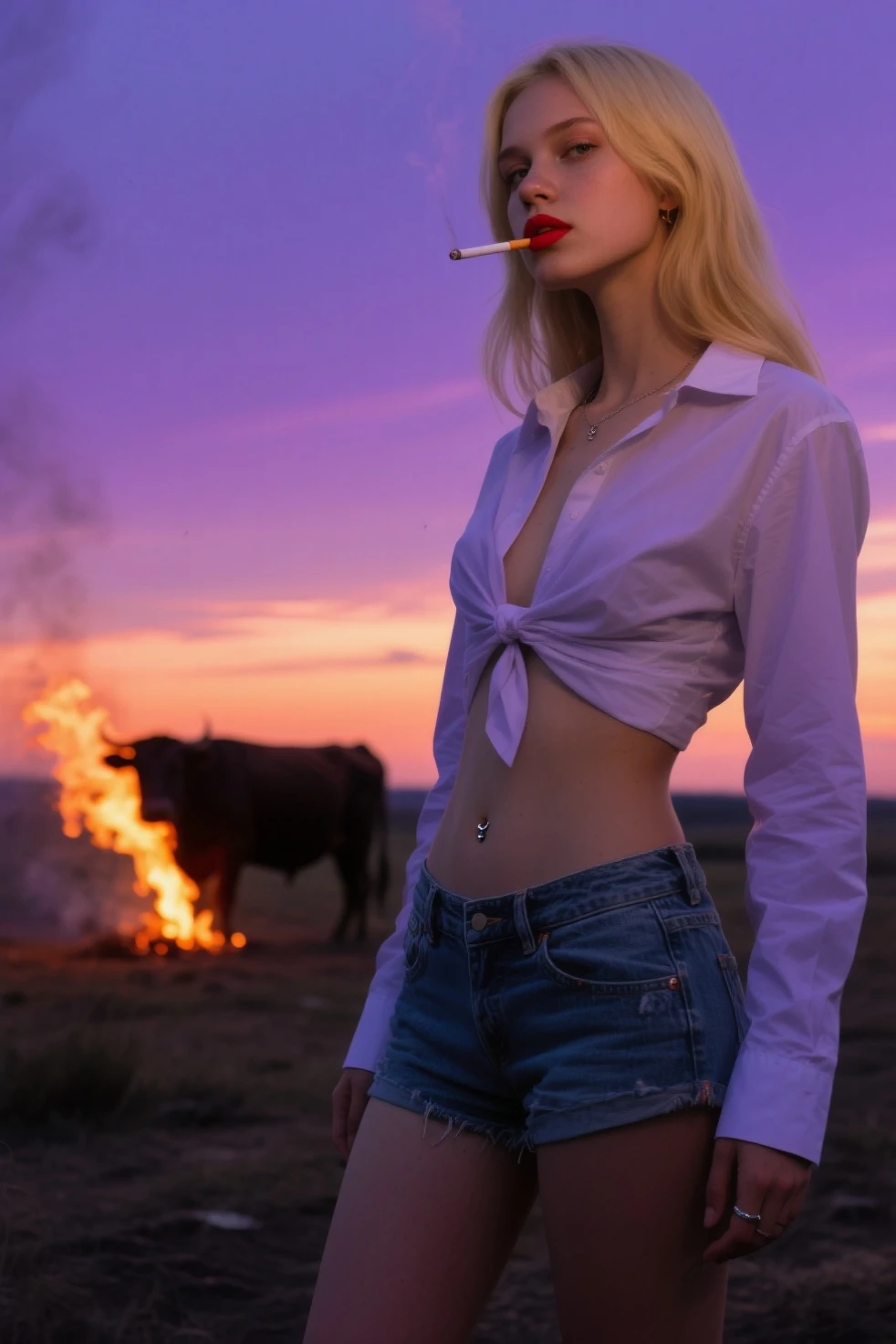 she is on all fours. 3D , She screams , 1 girl solo , we see her in profile , full body , his face is ultra detailed HD 4k from profile , with a big round hole with burnt edges and roasted in his jeans exposing his buttocks to the air, and with a lot of smoke coming out of his ass, she is on the floor of an old blacksmith shop , A captivating 4K photograph that juxtaposes comedy and style, featuring a blonde cowgirl embodying a Marilyn Monroe-esque charm. The cowgirl, dressed in a chic outfit, complete with a wide-brimmed hat and boots, Her criminal activities in the Old West .