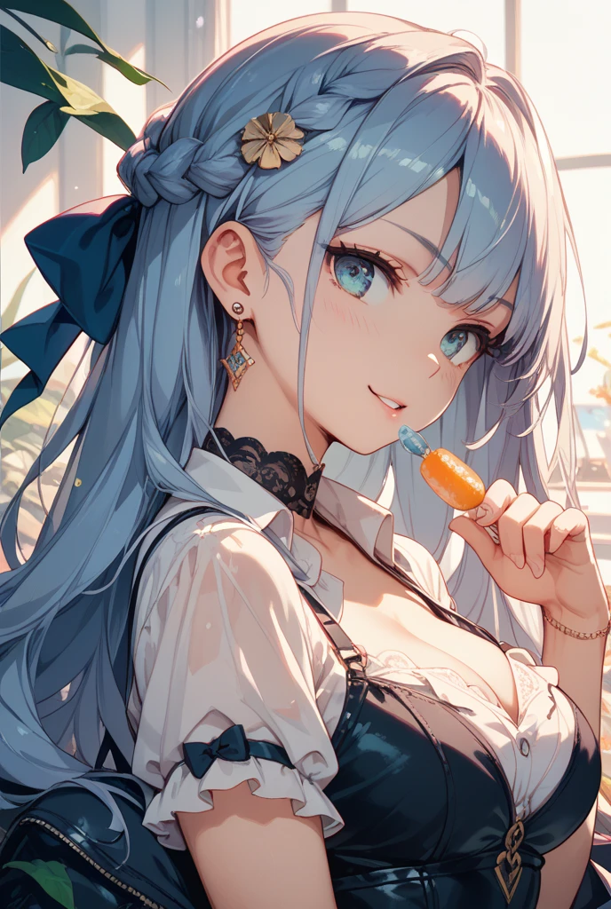 (Masterpiece,Highest quality),(Maximum details),(eye details),(hand details),woman,10 years old,long hair,light blue hair,yellow eyes,Cute face,beard,cry,Wear a white short-sleeved shirt,Wear short jeans,Has a gray upper coat.,action,eating cake,Decorations,tree,table,chair,backdrop,cafe,in hand holding a fork