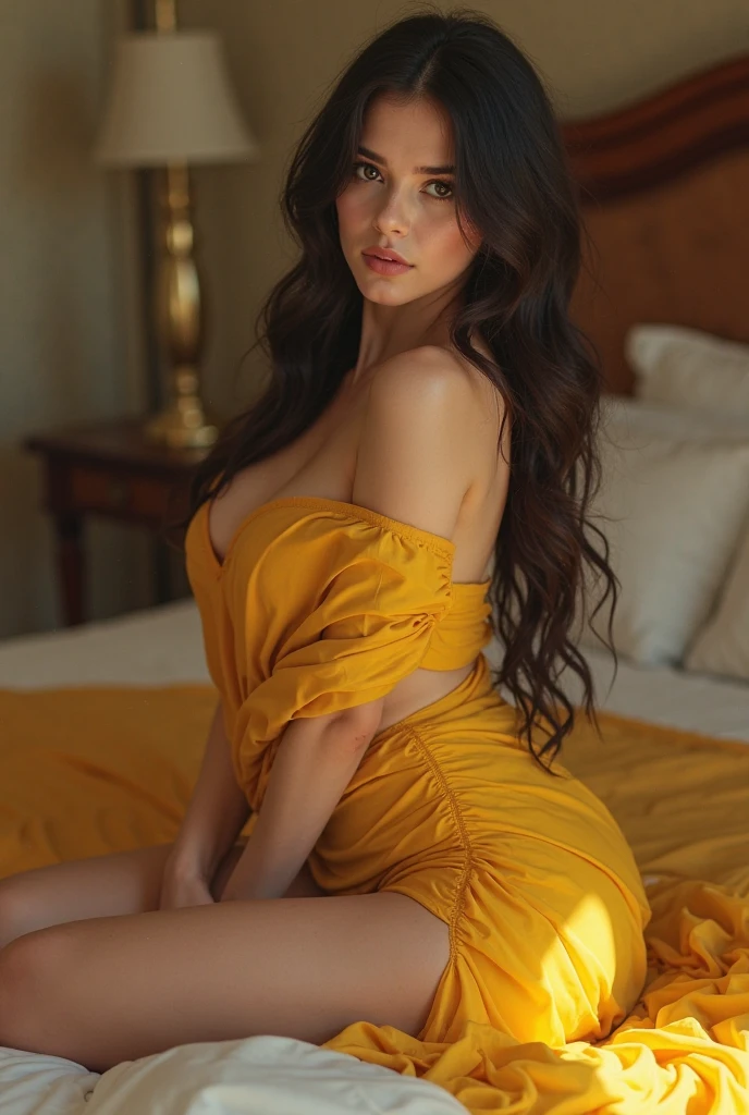 ((One desi 10 year old girl, school dress , (((44DDD size round breast ))) , semi curvy, small waist, ((wearing Sexy yellow Floral Print Satin Slip Nightdress)), (Laia Manzanares) (Tween model, 8 years old, young)), Ethereal beautiful, slim, , Burnett hair, hezel eyes, small waist, , Soft light, full body picture, red lipstick, masterpiece, (in bedroom), Best Quality, Photorealsitic, 8K, High resolution, Detailed skin, 8K UHD, Digital SLR, Soft lighting, High quality, Film grain, FUJI XT3,