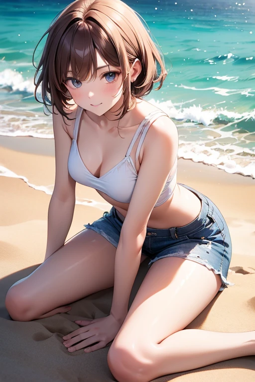 (Highest quality、masterpiece、High resolution、8K)、Vibrant colors、1 Female、Young and beautiful woman、whole body、(Detailed face、Beautiful Eyes、Beautiful nose、Pretty lips)、Black and brown short bob、White tank top and shorts、barefoot、Jump High、Surprised Smile、Official Art、The background is the sea、blue sky、Wide sandy beach、Wide forest、White waves and sandy beach、White Entrance Cloud、
