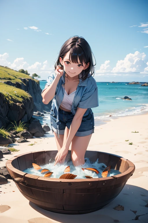 Anime character sitting around fire in food cauldron, High school dxd, Rias Gremory, characters from azur lane, visual novel cg, Fate Grand Order, visual novel key visual, azur lane style, anime style like fate/Stay Night, official artwork, nightcore, Kantai Collection Style, splash art anime loli, anime moe art style, in swimwear, official artwork, realistic bikini, in beach, Blue Bikini, swim wears, Very detailed ArtGerm,double breast, hightquality, female pervert, Hair blonde, dynamicposes, blue eyes, Gym clothes