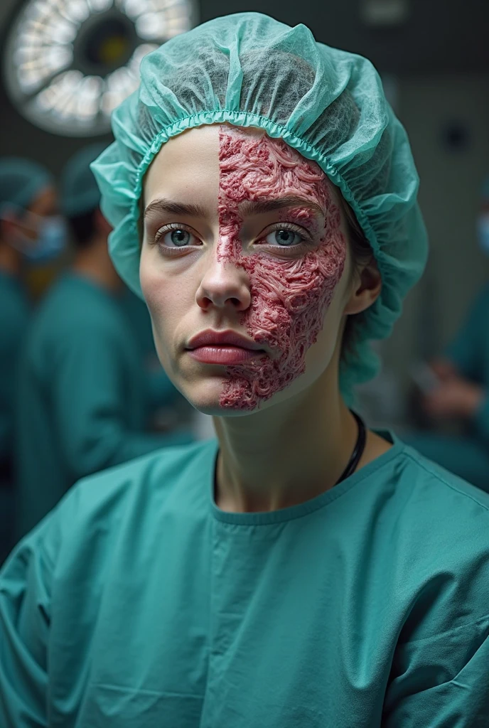 a 27-year-old woman wearing a doctor's white coat with a stethoscope around her neck. She has visible injury marks on her face, including a bruise on her cheek and a small cut above her eyebrow. Despite her injuries, she has a determined and resilient expression. The background is neutral, keeping the focus on the woman. The overall mood of the image should convey strength and perseverance in the face of adversity.
