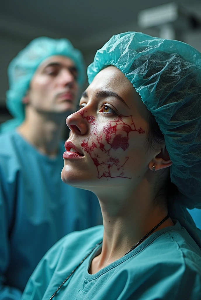 a 27-year-old woman wearing a doctor's white coat with a stethoscope around her neck. She has visible injury marks on her face, including a bruise on her cheek and a small cut above her eyebrow. Despite her injuries, she has a determined and resilient expression. The background is neutral, keeping the focus on the woman. The overall mood of the image should convey strength and perseverance in the face of adversity.
