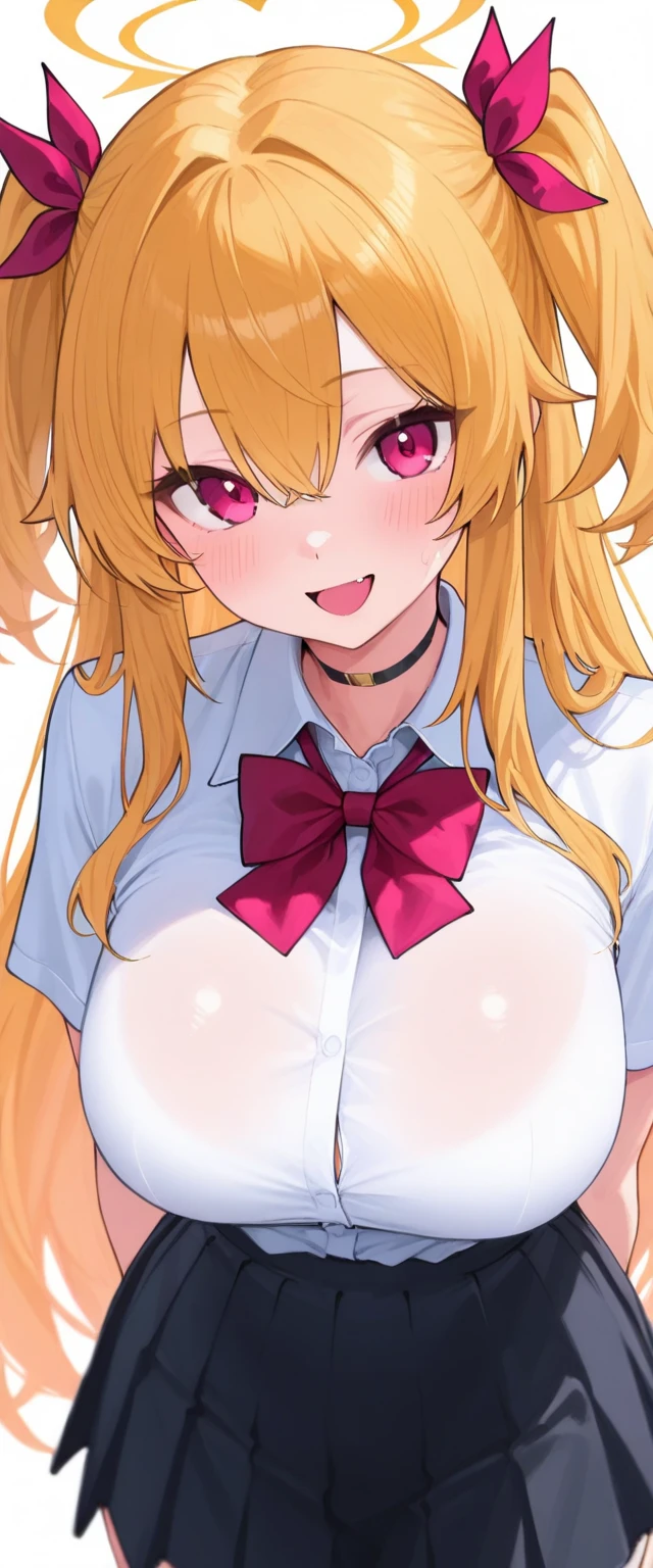 masterpiece, akai haato, hololive, 1girl, bangs, blonde hair, blue eyes, blush,huge breasts, collared shirt, hair between eyes, hair ornament,heart, heart hair ornament, long hair, , neck ribbon, one side up, red ribbon, ribbon, shirt, short sleeves, sidelocks, simple background, smile, solo, sparkle, virtual youtuber, white background, white shirt, cowboy shot, :d, blue skirt,v,waving,blush,sweating,nsfw,closed mouth