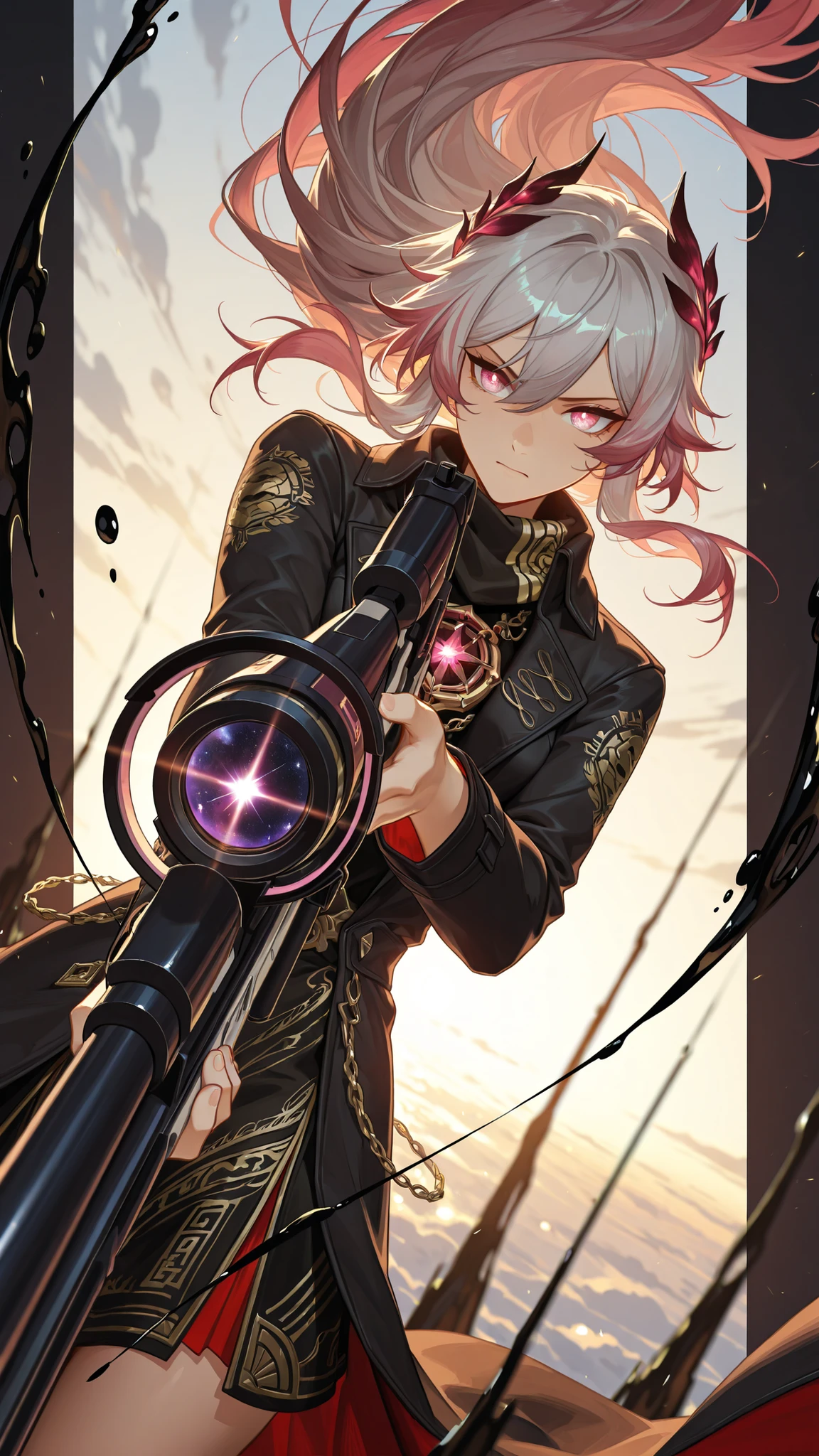 style of [arknights|(748cmstyle:0.88)], god rays, cinematic shot, masterpiece, best quality, amazing quality, very aesthetic, high resolution, ultra-detailed, absurdres, (hands:-0.15),
(1girl, mature woman, female:0.95), solo, alone,(dynamic posem upper body focus, dutch angle, three quarter view, face focus, cowboy shot:1.2),(FuHua, Fol004, Fh_Tai, fu hua:0.33),flowing clothes, wind, harsh wind, tsurime, serious expression, (holding a magical sniper rifle, cosmic weapons, magical rifle, liquid onyx:1.24), (multicolored hair, tri-tone hair, gradient hair, gold hair, pink hair, gray hair:0.95), cosmic eyes, multicolor eyes, (infused eyes, using a magic grimoire in one hand:1.24), ornate trenchcoat, (philosopher toga:1.2), golden bandana scarf, roman crown, ornate dress,  novuschroma79 style, glitch art photo
BREAK, depth of field, volumetric lighting
 
