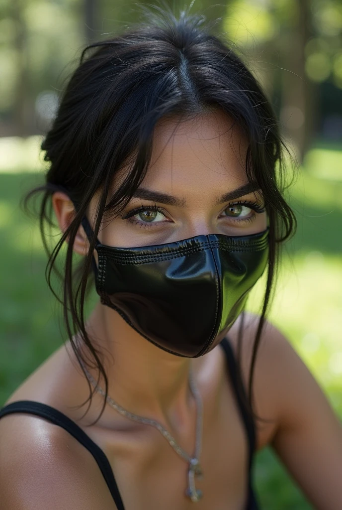 <lora:MadiKruz:.7>, simple background, upper body, at front, portrait, <lora:GoodHands-vanilla:0.8> better_oppai,  Tortoise Shell Brown blouse, shirt, long hair, 
A fabric mask in a polka dot print covers the lower half of the face, from the bridge of the nose to just below the chin. The mask has a three-layer design with a built-in filter for enhanced protection. The mask's ear loops are adjustable for a secure and comfortable fit.
