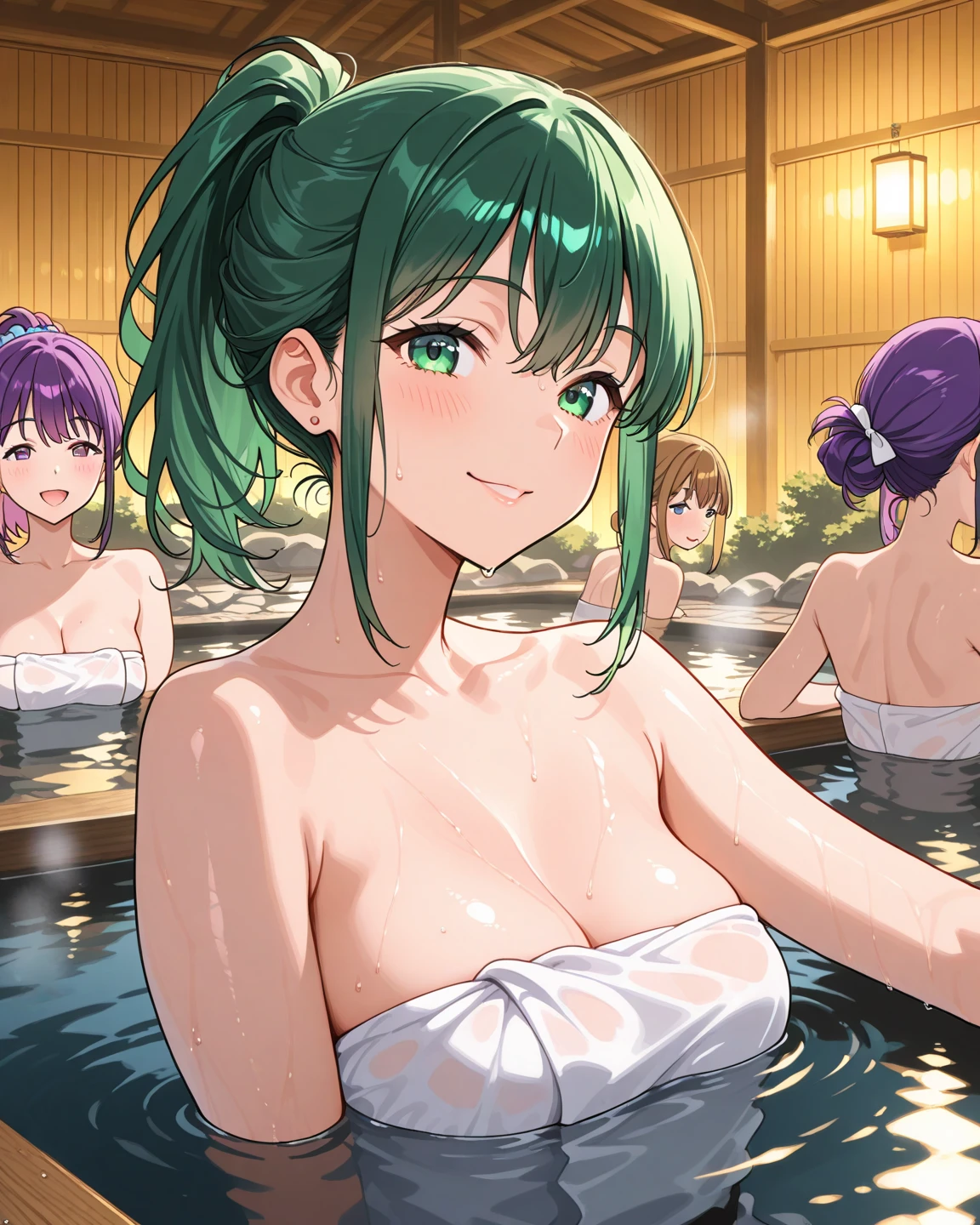 Purple_hair, 2girls, sex, bath, green_eyes, naked, dildo, medium_breast, medium_hair, feet, lesbian, green_hair, ponytail, long_hair, wet_pussy