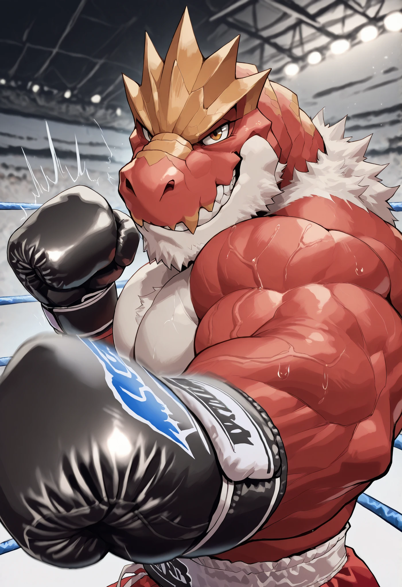 zPDXL3, pov_boxing, mercilessly punching_the_viewer, foreshortening, motion blur, black boxing gloves, depth of field, extreme perspective, extreme closeup, closeup, action shot, boxing, dynamic punching pose, motion lines, impact lines, mercilessly punching the viewer, cropped head, boxing ring background, braker tyrantrum heavy wait boxing champion, furry male, heavy muscular, veiny muscles, looking at viewer, ruthless smile, bedroom eyes, smug, bara, large pectorals, lowangleview-3000