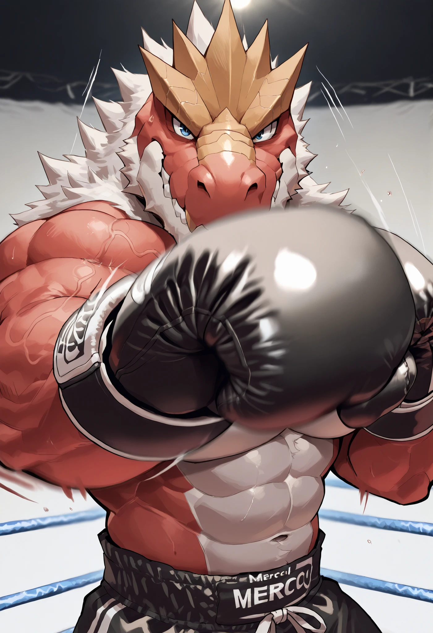 zPDXL3, pov_boxing, mercilessly punching_the_viewer, foreshortening, motion blur, black boxing gloves, depth of field, extreme perspective, extreme closeup, closeup, action shot, boxing, dynamic punching pose, motion lines, impact lines, mercilessly punching the viewer, cropped head, boxing ring background, braker tyrantrum heavy wait boxing champion, furry male, heavy muscular, veiny muscles, looking at viewer, ruthless smile, bedroom eyes, smug, bara, large pectorals, lowangleview-3000