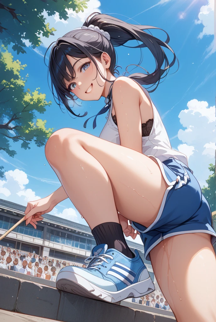 As a matter of fact, daytime, sunlight, 1 woman, 8K resolution, ponytail, brown eyes, glowing eyes, white short skirt, Blush, track field, sunlight, strapless, Wet from the rain, seethrough, Sit with your knees raised, Spread your legs, M leg, pussy, big smile, the skirt is turned up, hand pulled skirt up, highest quality, High resolution, highly detailed face, perfect lighting, Very detailed CG, (perfect hands, perfect anatomy), minami nanami, perfect figure, ammpit,