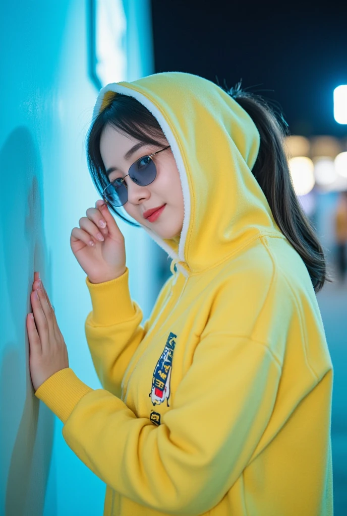 genitals, UHD, KOREAN, girl, woman, lady, female, black scarf, pale skin, , cute face, chubby, city, crowds, holding camera, Noon, wide hips, rainy, wet body, sweaty, yellow Hoodie with "RAHMA" letter, jeans
