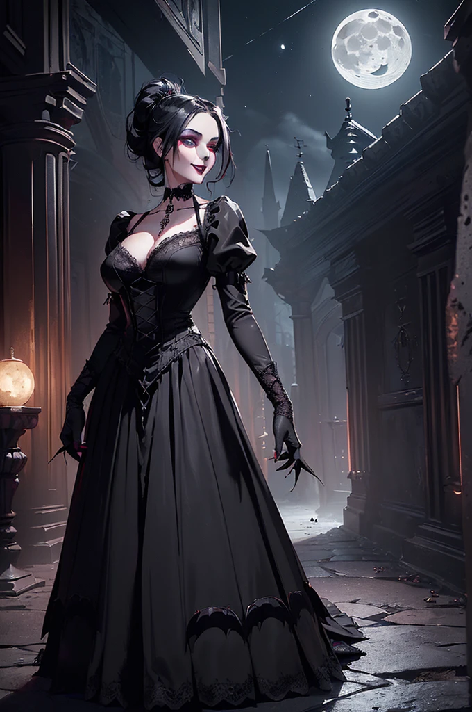 Mavis_dracula, full body, pantyhose, huge breast, pants, goth, long dress, black hair, flip flips, smile, long robe, skirt, victorian clothing, pants, vest, long skirt