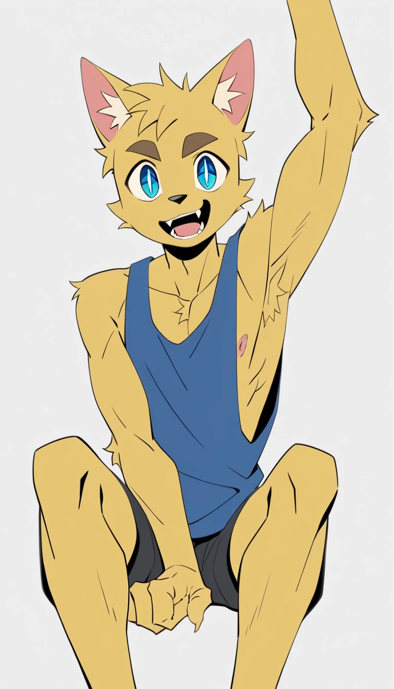 furry, anthro, labrador retriever, fluffy wolf ears, fluffy wolf tail, blonde and white fur, messy fur, neck floof, fluffy mohawk, light blue eyes, razor sharp teeth, slim body, handsome, sexy, slender, tall, wearing a light blue dog collar and light blue and white boxer briefs with a giant bulge, apposable thumbs, pawpads, pink pawpads, ((best quality, 4K, UHD, masterpiece)),laying on bed, sunny day, hands under head, looking up at viewer, lustful, tongue sticking out,