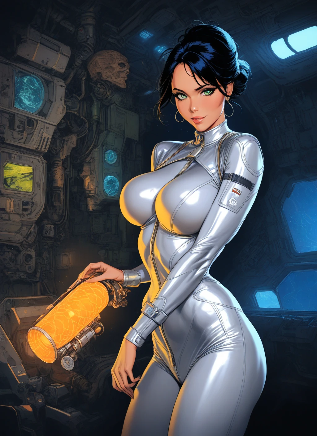 Best quality, 8K, woman retro super hero futurism, beautiful and detailed face, big eyelashes,LOOKING TO observer, ponytail,BLUE hair, long eyelashes, ORANGE TRANSPARENT NYLON leotard, cleavage, GOLD metalic details, DARK TAN pantyhose, sheer TAN gloves,sci-fi RETRO SPACESHIP scenario