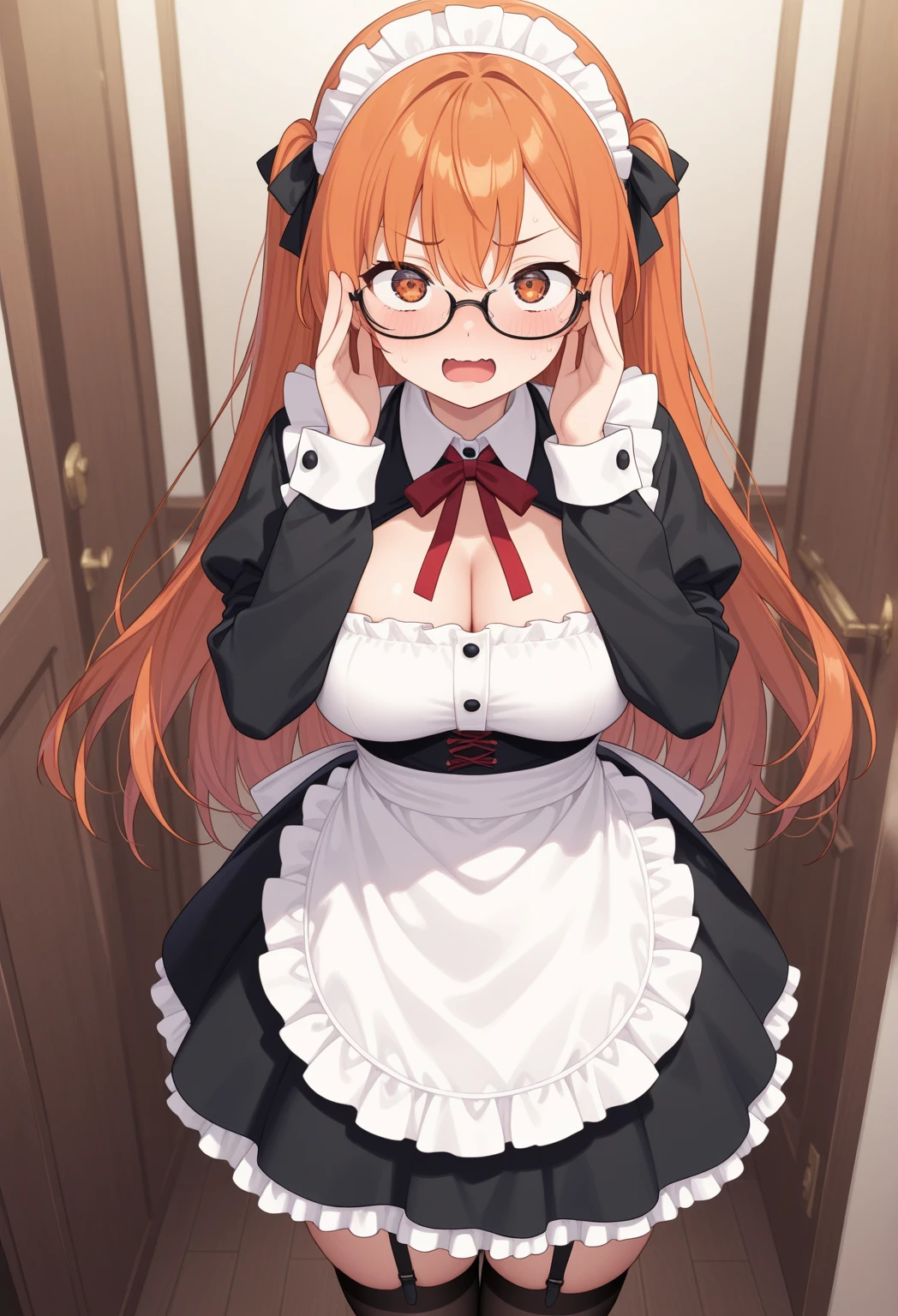 1girl, young girl with huge breasts, gothic lolita, maid outfit, glasses, orange hair, aqua eyes, Ilulu (dragon maid), Yukari (girls und panzer)