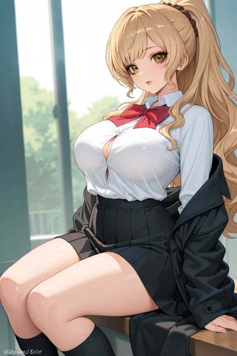 (masterpiece:1.2), best quality,cozy anime,
1girl, solo, smile, sitting, shoulder cutout, braid, dress, blonde hair, half closed eyes, pink eyes, blush, long hair, bench, indoors, business office, modern decor, computer desk, plant, collared shirt, dainty necklace, latex miniskirt, bangs, hand between legs, blurry background, between legs, bow tie, facing viewer, large breasts, depth of field, red lips, hair over shoulder, big lips