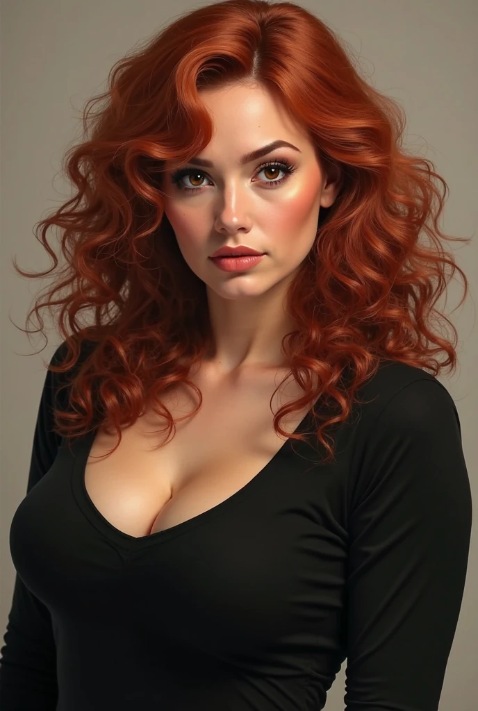 arafed woman with red hair and a black dress posing for a picture, a portrait by Alexander Fedosav, pexels, fine art, red wig, wavy vibrant red hair, vibrant red, vibrant red hair, red hair and attractive features, bright red hair, short red hair, wavy big red hair, strong red hue, with curly red hair