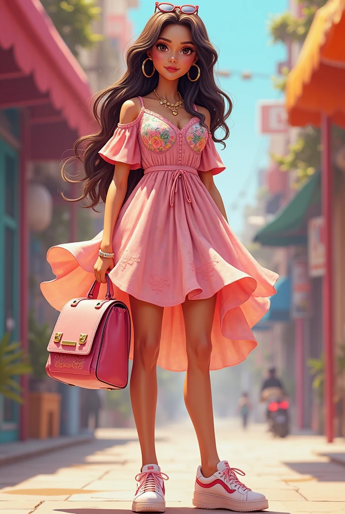 (Canon 50),(Rendered by octane),8k, seducer, symmetrical face, Dramatic cinematic lighting, Dramatic +2, hyper realist, spirited, Pose very sexy. 1 Slavic woman, very sexy, breasts small, legs thick, highlight on legs!!!, blinking with the left eye, white shirt with thick black horizontal stripes, pleated skirt predominantly pink with few shades of light blue, coastal view, half-open mouth and thick lips, sultry gaze. Ao fundo, A city. She's walking down the road alone