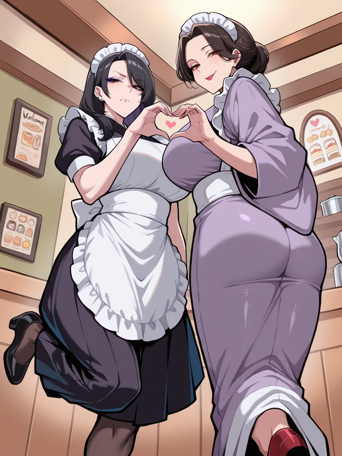 score_9, score_8_up, score_7_up, score_6_up, score_5_up, score_4_up, (source_anime), 2girls, (( white woman, long black hair, big breasts, Withered breasts, Sagging breasts, big Thighs, big ass, mature woman, dark nipples, brown nipple)), Distant vision, Low Illumination, Dark, her little daughter sucking breast, ((Little baby girl, Skinny, tiny tits, baby, tiny ass, tiny, short brown hair, sucking breast) age difference, big size difference, forced, rape, Aggressive, Kitchen, Maid outfit, black skirt