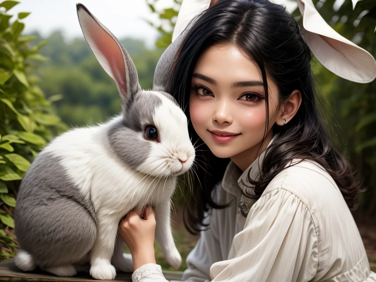 Young woman 20 years old、Hair is short、White T-shirt、breeches、Playing with white rabbits、
