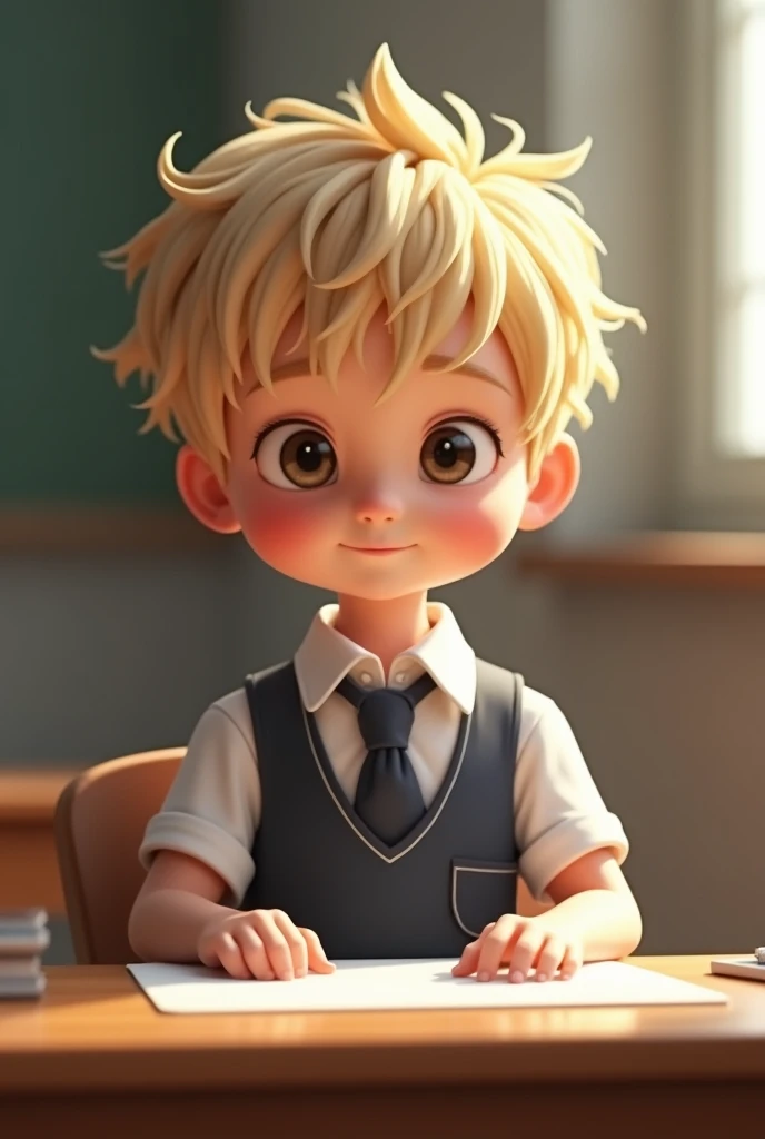 shy boy with blond hair and blue eyes in school of age 10