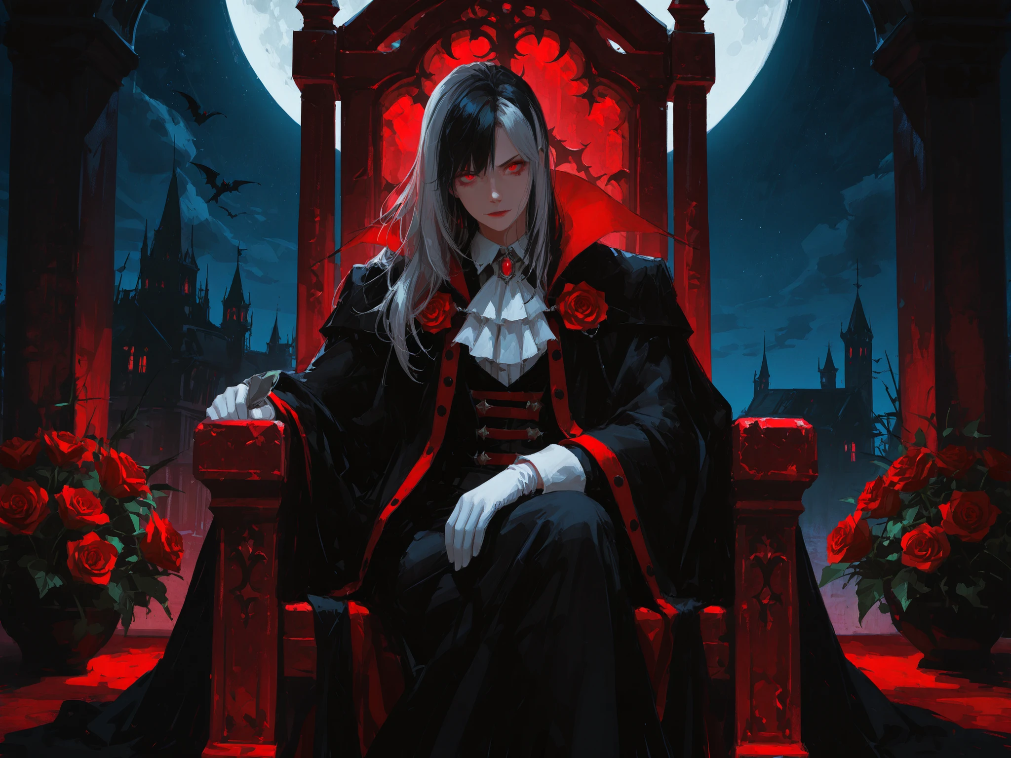 medium shot, front shot, makes an aesthetic, Master piece, Best Quality, ultra detailed, a handsome (man:1.6), (man:1.6), solo, long hair, silver hair, black streaked hair, beautiful red eyes, looking at viewers, black vampire countess suits, long cloak, white gloves, red stone throne, Sitting hunched over, grim face, black raven, royal room, red rose, night, moon
