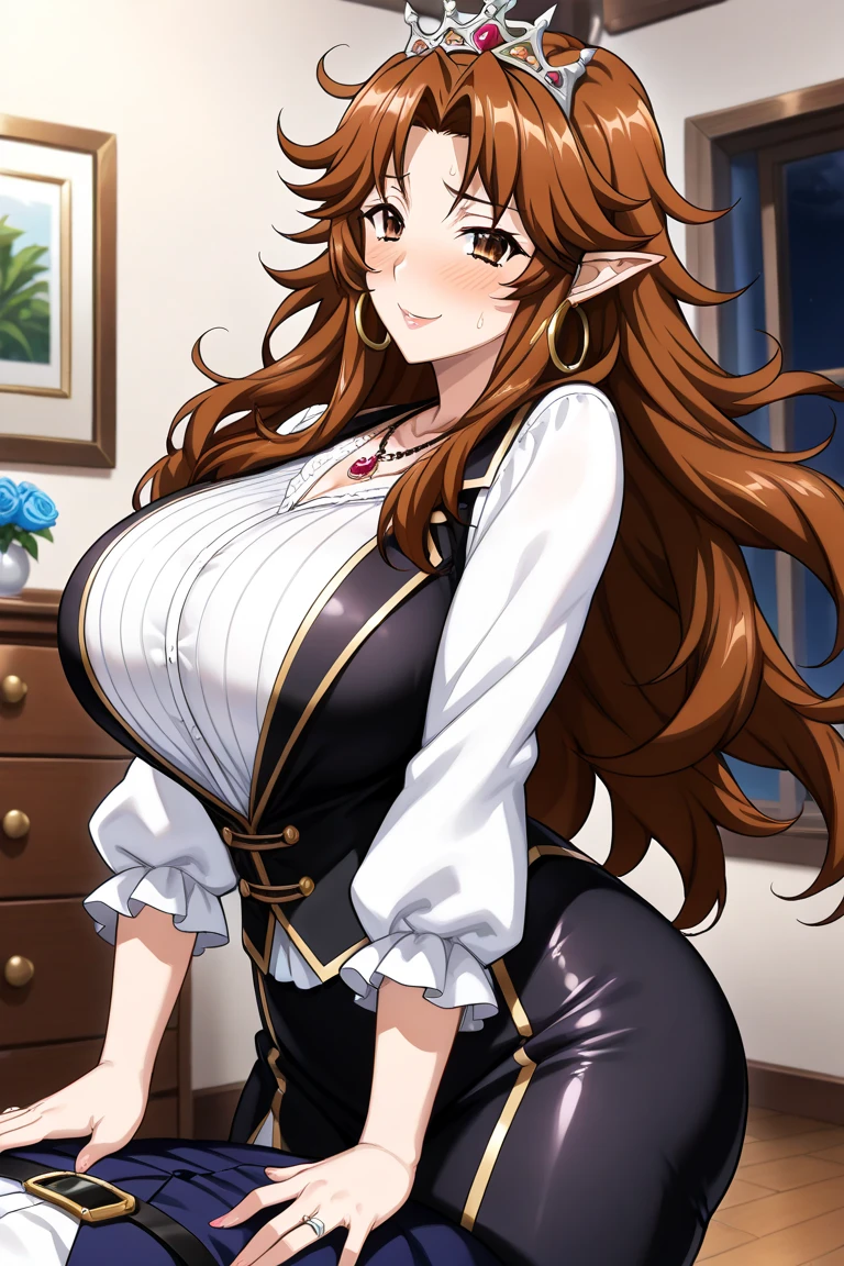 woman((30 years old)), hair((wavy, golden brown)), eye((smart eye, green)), Clothes((new york fashion week, light 赤)), smile, Proudly, random hairstyles, accessories,Costume with large open chest,super mini skirt,lace costume,revealing costumes