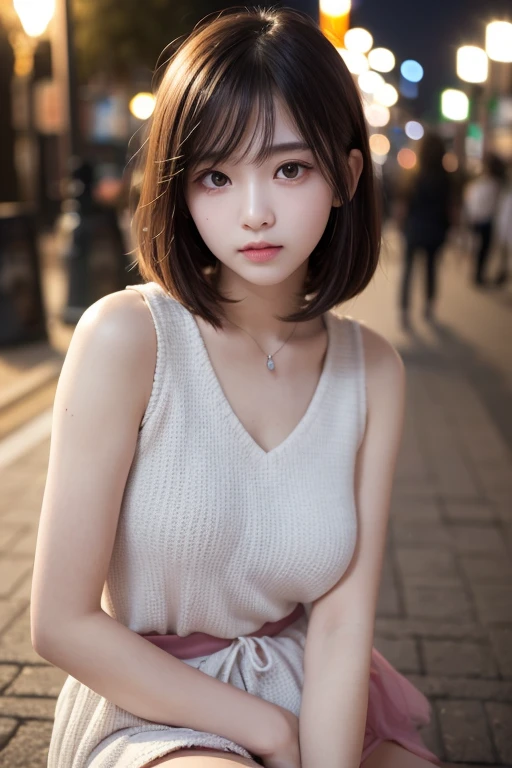 masterpiece, highest quality, High resolution,alone,Two-tone hair, Small earrings,Bob Cut Hair,Artistic,Best lighting,casual,Flat Chest,Beautiful Face,expensive,smile,light makeup,natural,Age 25,Calm woman,Hair blowing in the wind,Blurred Background,Face Focus,Detailed Hair,A woman laughing,Woman in sleeveless,Cafe