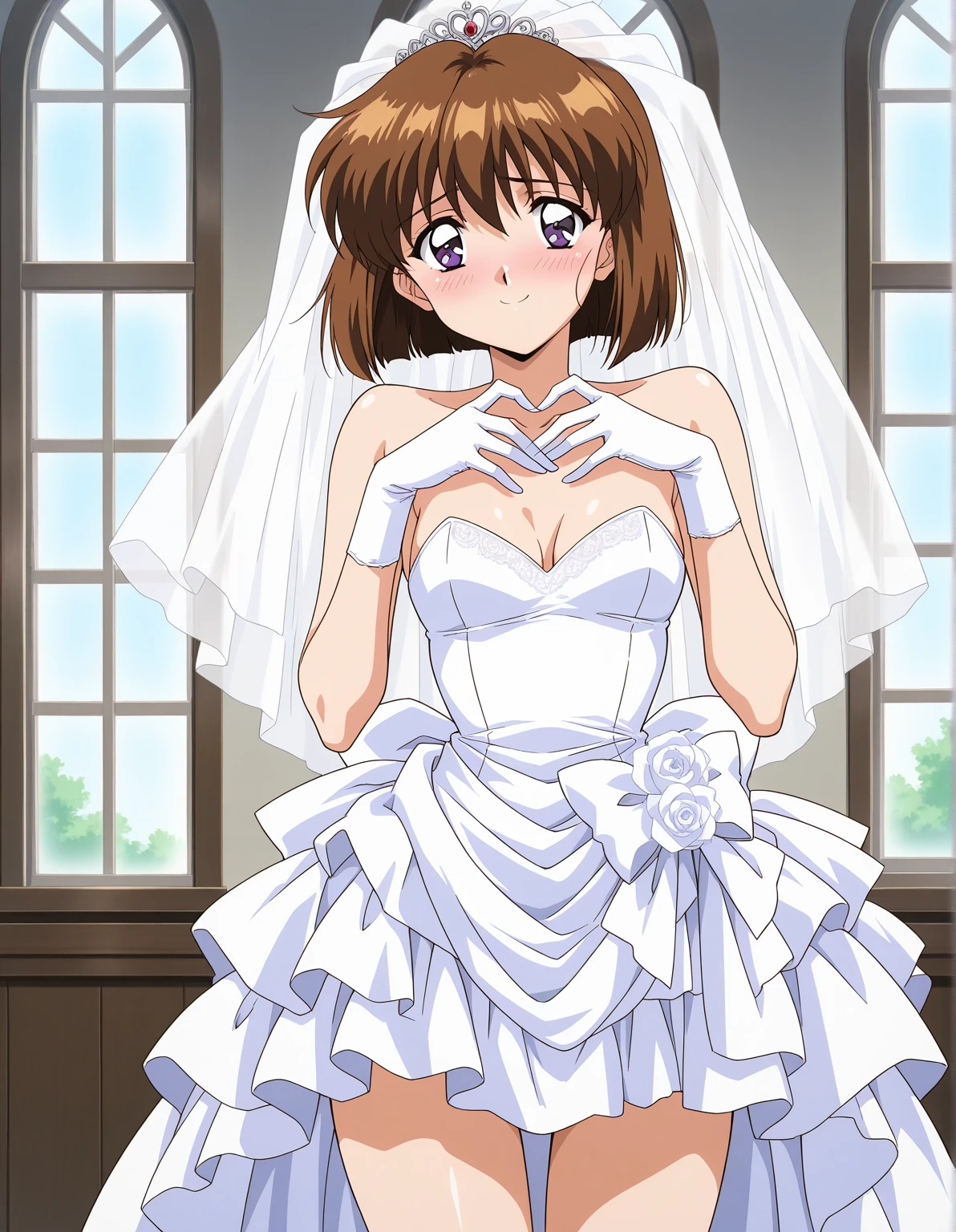 (sky),White background,蓝sky,
stand at attention,dynamic poses,
black hair, long hair,purple eyes,2girls,bride,embrace,Shut up,Smile,Gurwitz,(bride頭紗:1.5),(short sheer veil:1.5),Blushing face,Head flower,headgear,(tube top wedding dress:1.5),(Silk dress:1.2),(Strapless wedding dress:1.5),Bouquet,pure white dress,necklace,earrings,(large breasts:1.3),Deep V peach heart collar wedding dress,Bangs,lipstick,(lace gloves:1.3),Bust photo,High detail RAW color art,Tyndall phenomenon
