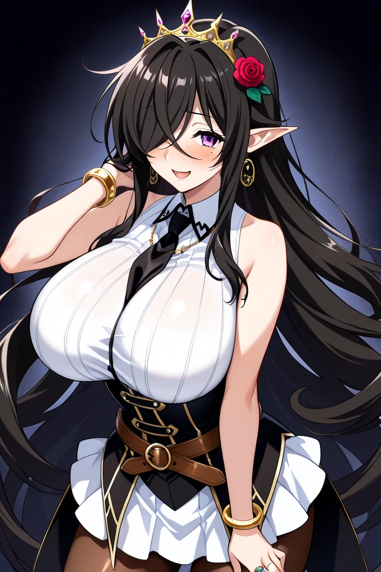 bare_shoulders, breast_hold, breasts, brown_hair, cleavage, detached_collar, detached_sleeves, exhalation, fate/apocrypha, fate_\(series\), fingernails, fringe, fur, fur_collar, fur_trim, girl, hair_between_eyes, hands, head_tilt, holding_panties, large_breasts, light_erotic, long_hair, looking_at_viewer, panties, parted_lips, pointy_ears, red_panties, semiramis_\(fate\), signed, simple_background, solo_focus, standing, sweat, tall_image, twitter_username, underwear, upper_body, wet, white_background, yellow_eyes, zeroshiki_kouichi