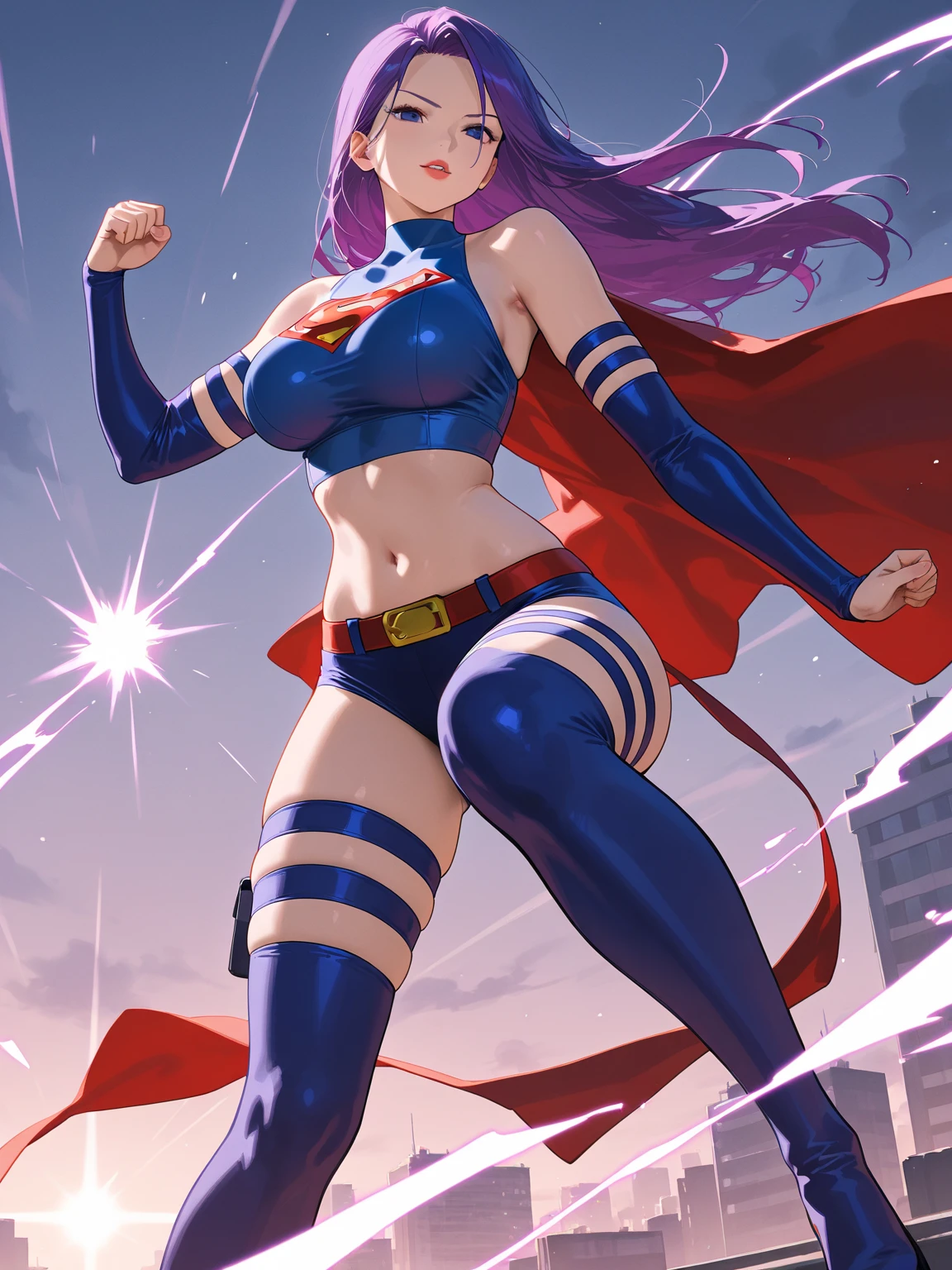 Sasha Calle as Supergirl, realistic, realistic at Movie The Flash, high definicion, ultra resolution, Fujifilm XT3, detailed, 64k, big breasts, underboob, visible bellybutton, short plated skirt, white panties, floating, one leg up,
