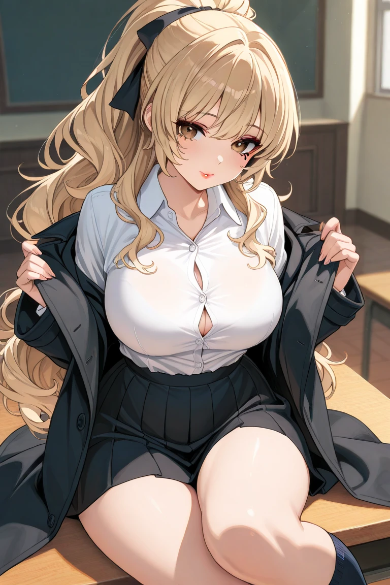 (Masterpiece:1.2, Best Quality), 1lady, 独奏, school uniform, Classroom, Day, Sit, blonde, twintails, red eyes, Open Collabone, darkskin, (open huge breasts:1.1),