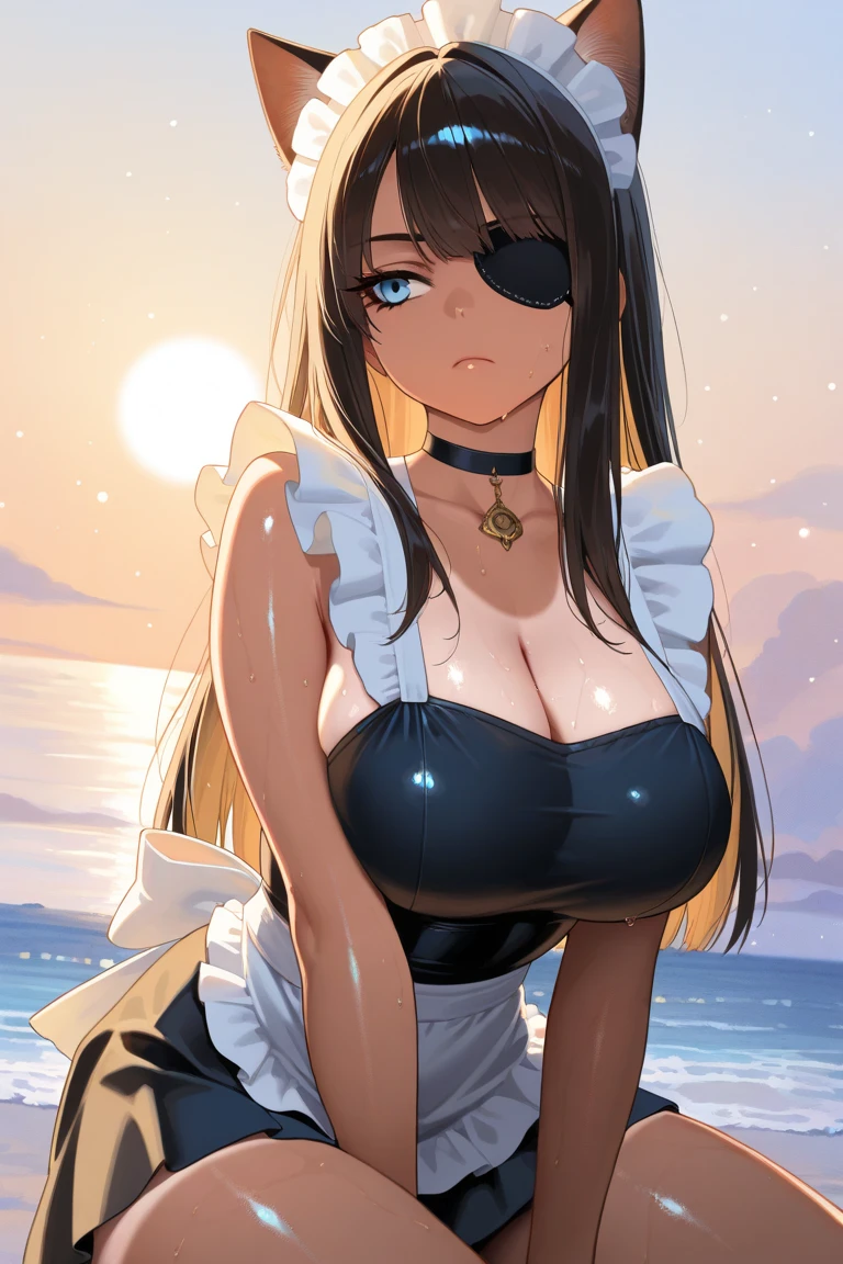 bikini, military cap, crying, long black hair, breast, sad face, dominated, groped breast, blushing, lying on bed, spits out blood