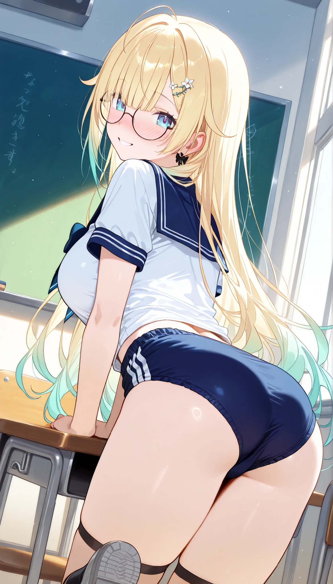 masterpiece, score_9, score_8_up, score_7_up, anime, pinup, Supreme Masterpiece, perfect eyes, perfect face, best quality, high resolution, 1girl, aizawa ema, 1girl, virtual youtuber, blonde hair, aqua hair, gradient hair, long hair, very long hair, blunt bangs, blue eyes, (blue sailor collar), serafuku, (white shirt), (blue ribbon), (short sleeves), buruma, (navy buruma:1.3), black socks, grey boots, standing, (arched back), (back view), low angle, (classroom), large breasts, nose blush, smile, round glasses