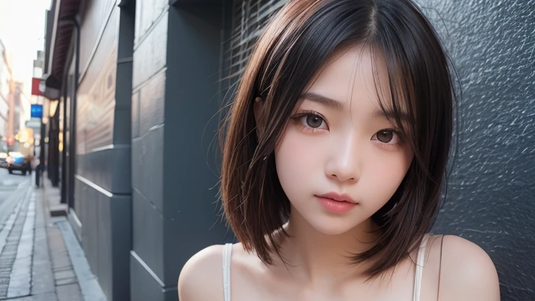 masterpiece、Highest quality, Detailed workmanship、High resolution、(8k, High resolution:1.2)、RAW Photos,(((Unzoom Shot))), Realistic、Slim figure、High resolutionの顔、The face is in focus、High resolutionの目、(Concentration, Symmetrical pupils:1.2)、High quality and beautiful skin、Firm Skin、Natural Makeup、Gloss lips, High-definition hair texture、(((One person))),Japanese women、high school girl、17 years old、very cute, Very short hair, (White tank top),(mini skirt), (Very embarrassed:1.3), (blush:1.3), (An embarrassed gesture、Embarrassed look:1.3)、(She is looking at the camera with an embarrassed look.:1.3)、Duck mouth、(Various shooting angles:1.2)、Thin Necklace、Small earrings, Super big breasts,Her huge breasts spill out of her tank top,(((Bust Shot))), Browsing Caution,The background is a stylish cafe,The cafe interior is detailed.、The background is painted large