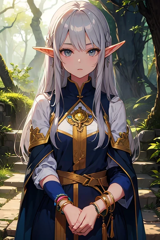 Long Hair, blue eyes, blonde, Braiding, Pointy Ears, Fairy, side Braiding, break gloves, Cape, beret, whole body, nature, Highly detailed face, UHD, retina, masterpiece, accurate, anatomically correct, textured skin, super detail, high details, high quality, best quality, highres, 8k