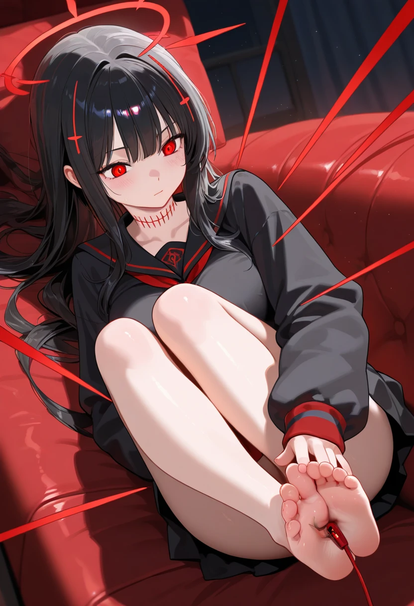 (masterpiece), (8k render quality), best quality), miniature body, demon girl, demon wings, blue eyes, big breast, chibi girl with succubus suit, , lying on bed, legs up, perfect fetish feet position, show feet, barefoot