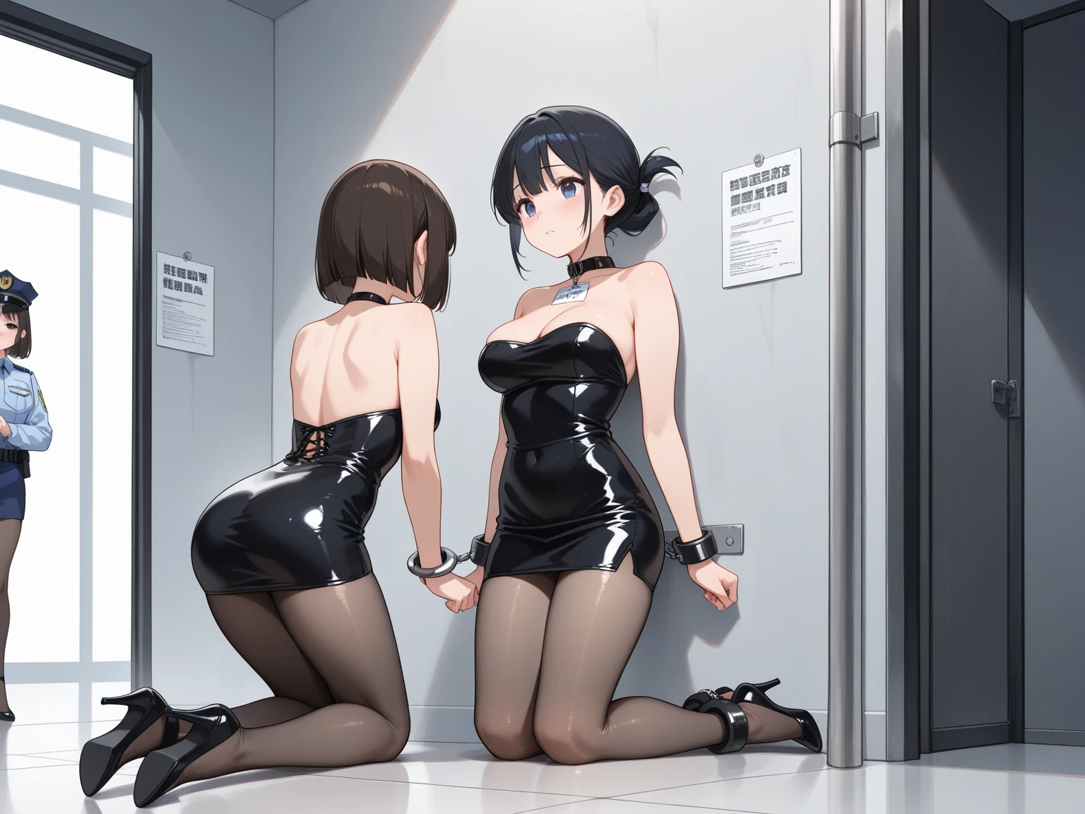 1人の女性、Leotard、latex suit、The one who fell for her、Standing behind her who fell evilly、Evil Fall、dark backgrounds