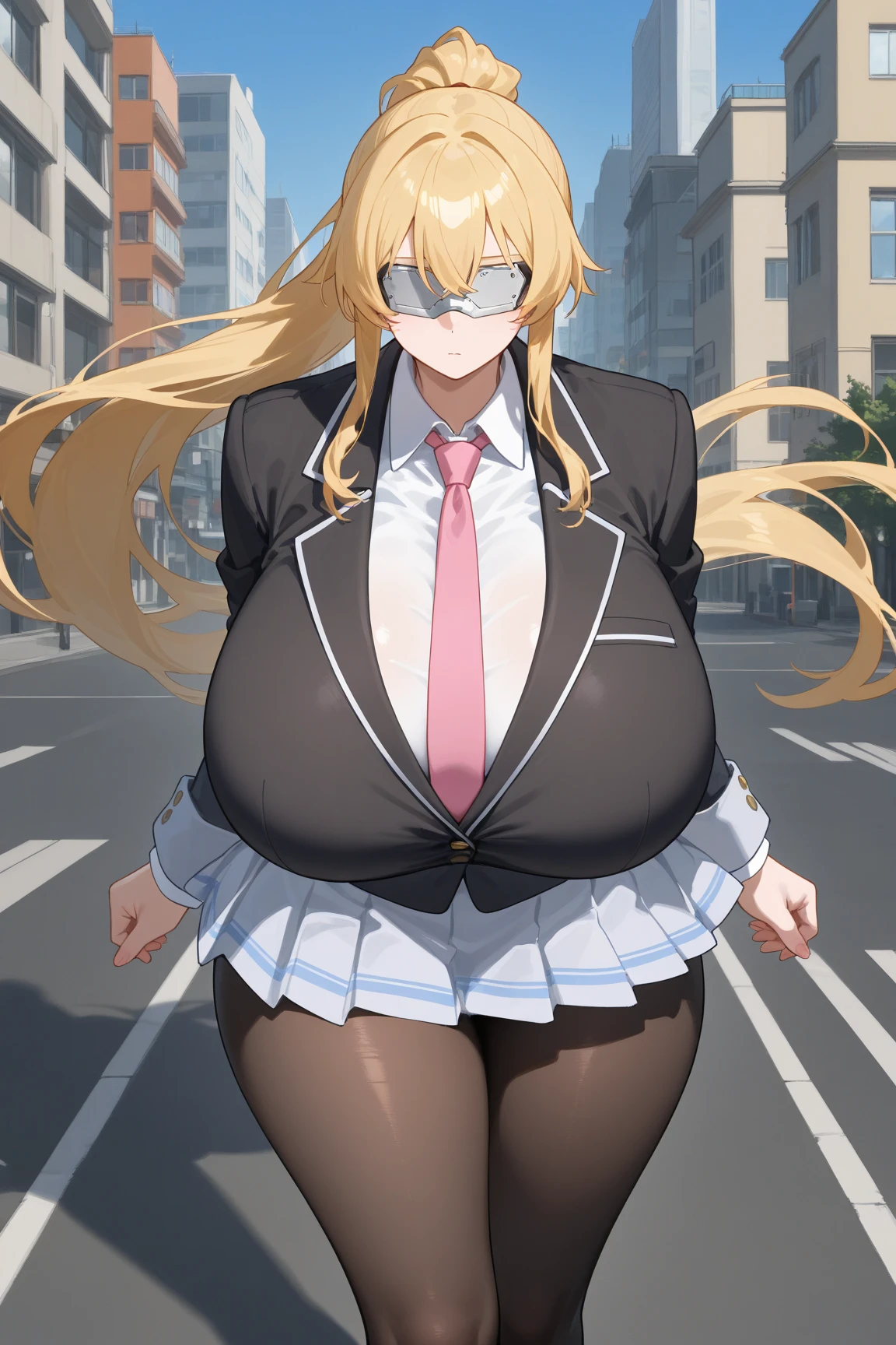 1girl, (((human))), (((huge breasts, massive hips, massive thighs))), (long blonde hair), (purple eyes), smile, blushing, (full body display), posing, (school uniform), blue jacket, smile, blushing, (city street),