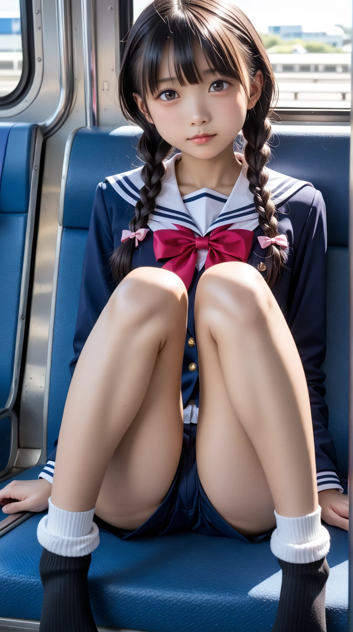 SFW, perfect face, (Soft Lighting with Many Follow lights),beautiful detailed eyes, extremely detailed, (masterpiece:1.25, best quality, photorealistic:1.37), SchoolGirls, lying, , sprn back, legs up, In a subway seat、Cut-off sailor Uniform, underboob, (white panties), corrtomy, (( correct limbs)), (4 fingers and one thumb, no extra finger), correct proportions, Princes tiara, Red ribbon, ((closeup)), without socks, Thumbs up