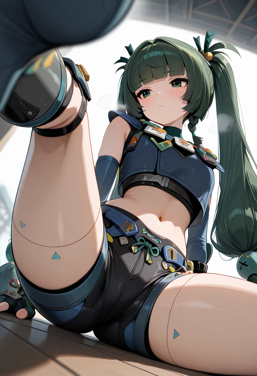 black hair, long hair, sensei, blue eyes, (shaded face:1.2), hollow eyes, slit pupils, blue eyes, looking at viewer, smirk, upper teeth, glowing eyes,, trembling, 1girl, ass, solo, full_body, shoes, socks, stretch, gloves, top-down_bottom-up, looking_at_viewer, /\/\/\, motion_lines, bent_over, huge breasts, outfit-sess, torn bodystocking, police hat, pink Necktie, armband, fingerless gloves, "glow effects, godrays, Hand drawn, render, 8k, octane render, cinema 4d, blender, dark, atmospheric 4k ultra detailed, cinematic, Sharp focus, big depth of field, Masterpiece, colors, 3d octane render, 4k, concept art, trending on artstation, hyperrealistic, Vivid colors, extremely detailed CG unity 8k wallpaper, trending on CGSociety, Intricate, High Detail, dramatic"