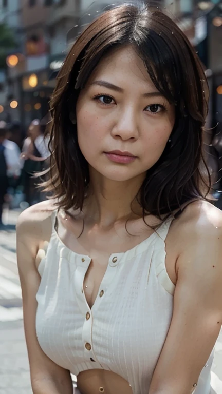 最high quality、masterpiece、High resolution、1 female、necklace、gem、Earrings、Beautiful Face、Body Up、Tyndall effect、Realistic、Rim Light、Two-tone lighting、(High resolutionスキン:1.2)、8k UHD、Digital SLR、Soft lighting、high quality、Volumetric lighting、photograph、High resolution、4K、8k、Japanese woman in her 50s、Brown haired woman、Adult、Small eyes、Perfect Mouth、Highly detailed eyes and mouth、Black natural eyes、Pure brown hair color、lol、Caucasian skin color、White shirt and random color sleeveless top、Hair quality and shine、street、town、road、congestion、