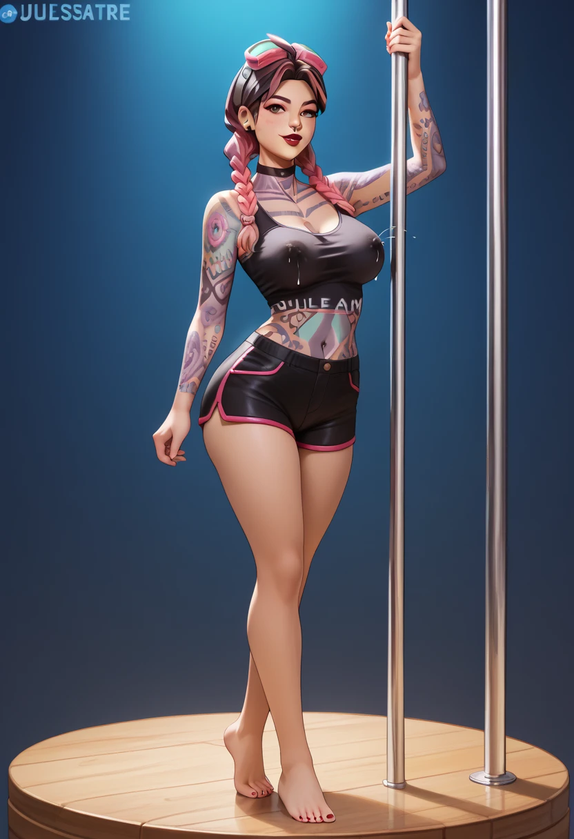 The full body image shows a Female Trunks from Dragon Ball, with harlequin hat, clown face paint, wearing cropped clown shirt, puffy sleeves, puffy crewneck, stomach navel exposed, large breasts, small waist, wide hips, thick legs, black panties, collarbone, clown 🤡, sexy body, it, night circus background, shiny skin, highest detailed, detailed clothes, pastel colors, detailed body, detailed face, back view