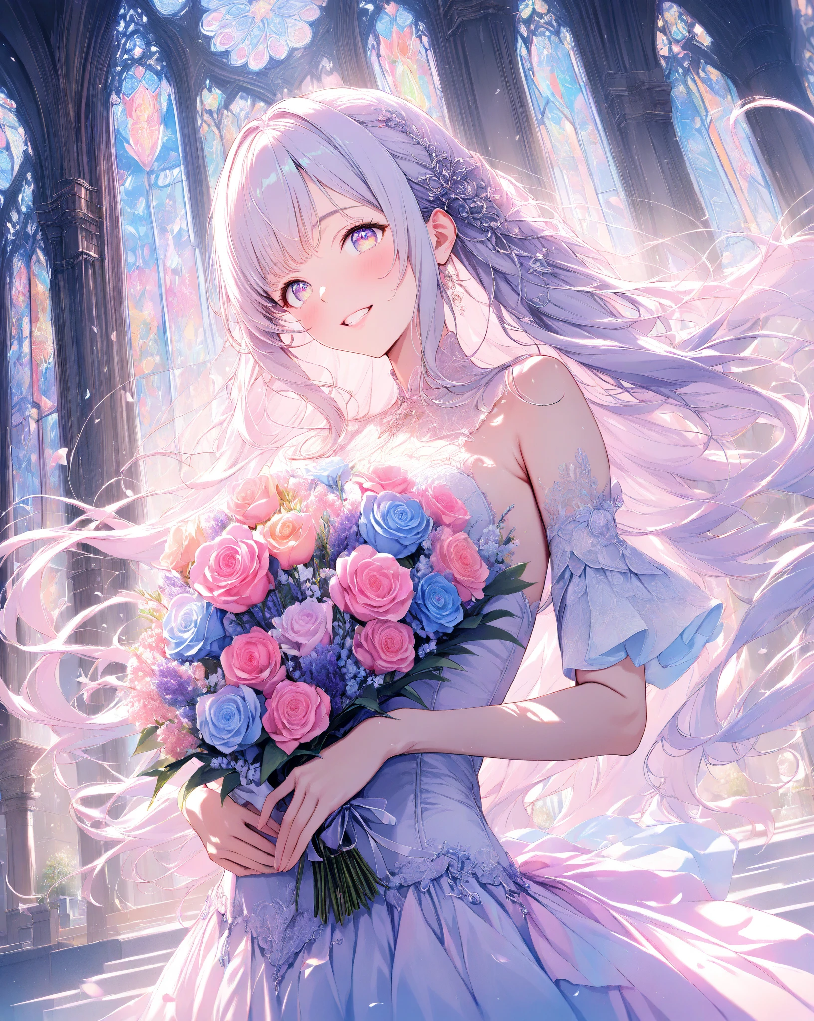 (extremely detailed fine touch:1.3), (((silver semi-rimless round eyewear:1.3))), (wear silver headphones around neck:1.2), short hair, blunt bangs, glowing 1girl, 2.5d face, blush, light smile, open eyes, silver necklace, extremely detailed elegant wedding dress, extremely detailed veil, extremely detailed holding flower cape, extremely detailed elegant background