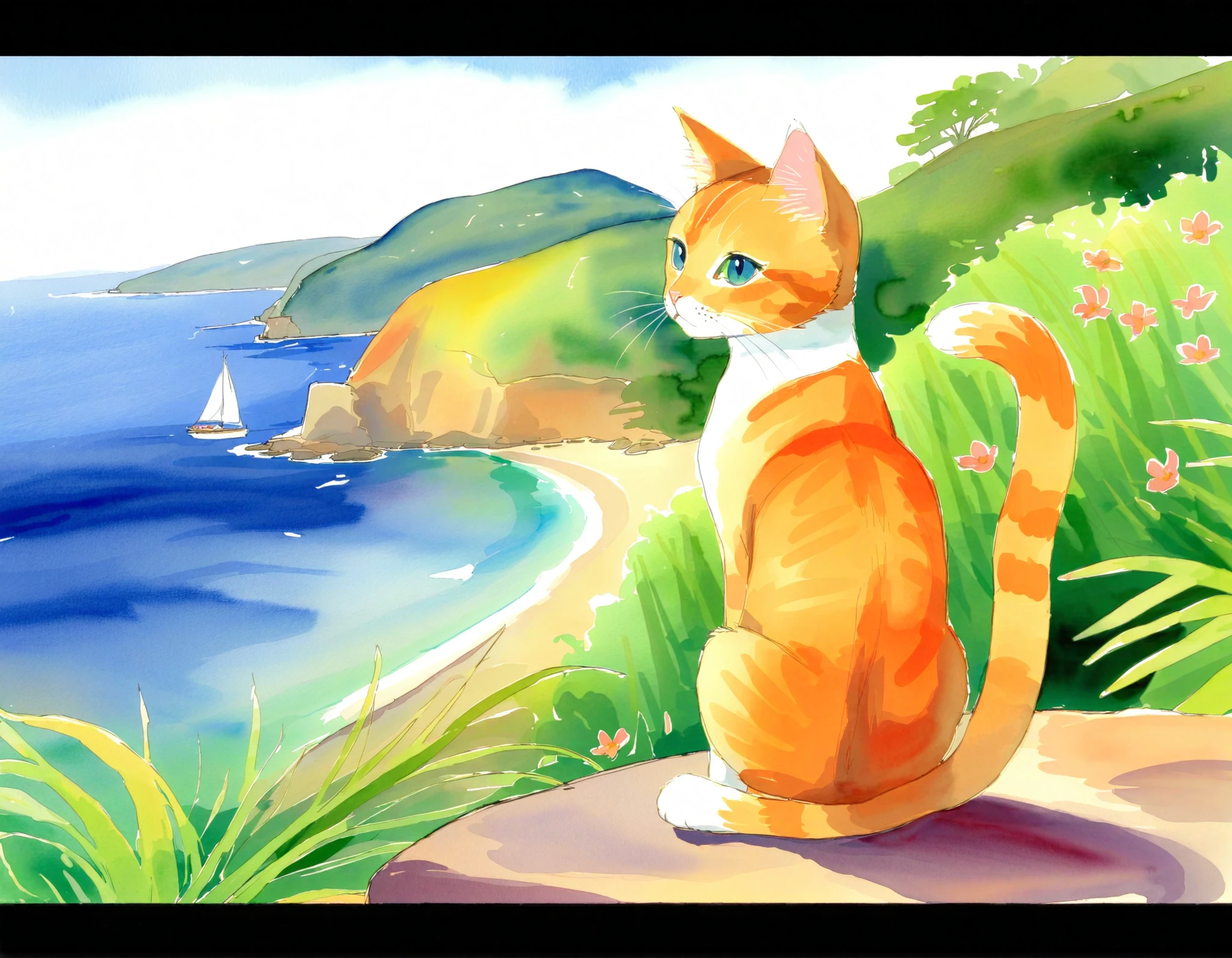 watercolor、cat、Coast