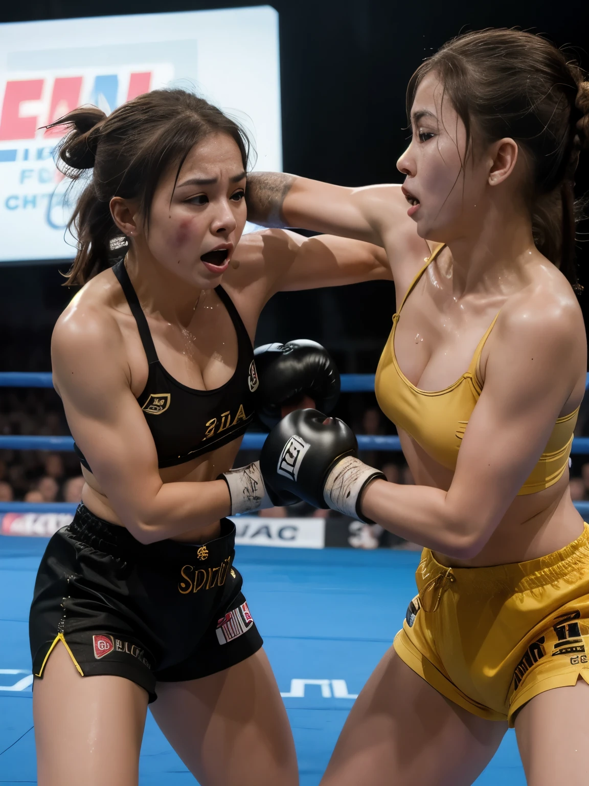 Two young Japanese female mixed martial artists covered in scars。muscle。six pack。bikini。punching match。serious expression。ring。game。drenched in sweat。