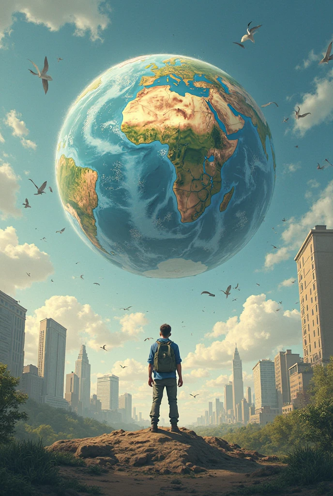 A child wearing a schoolbag ON globe , Creative,hdr,8k,realistic --auto --s2